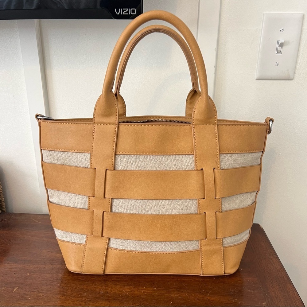 Miztique Tan Natural Faux Leather Canvas Stripe Tote Handbag Purse no long strap